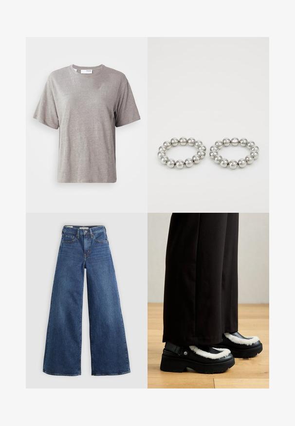 Ljust grå kortärmad t-shirt i mjukt tyg, med rund halsringning och avslappnad passform utan framträdande mönster eller detaljer.; Breda blå denimjeans med fem fickor, knappstängning och kontrasterande sömmar, med en mjuk och texturerad yta.; Svarta plattformsskor med vit fluffig trim, rund tå och rem med en metallknapp. Bärs med svarta byxor på ett trägolv.; Två metalliska silverringarmband i polerade sfärer med en sömlös design. Varje har en enhetlig cirkulär form och en jämn yta.