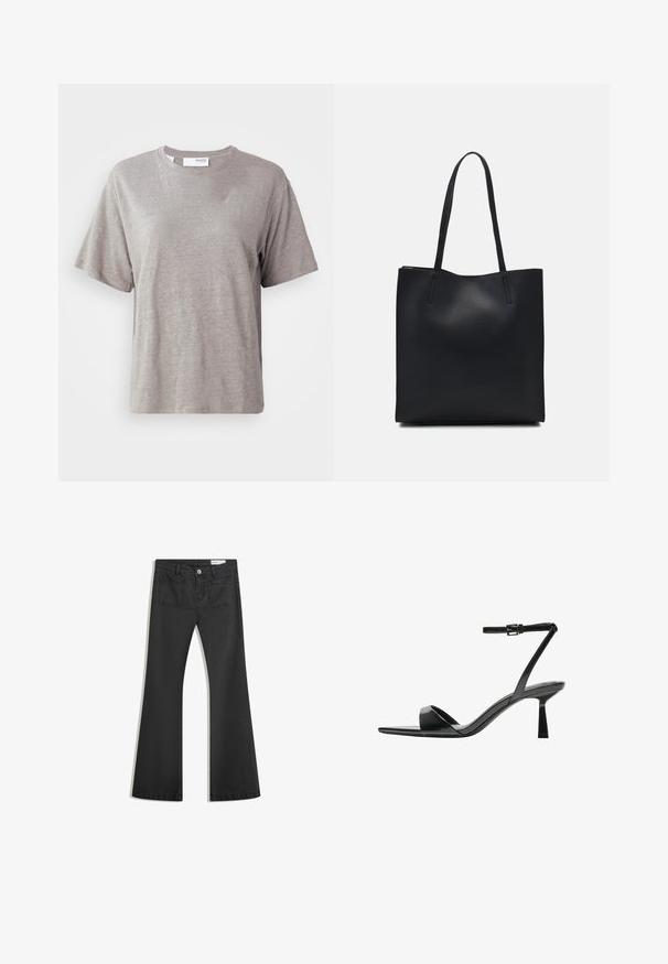 Ljust grå kortärmad t-shirt i mjukt tyg, med rund halsringning och avslappnad passform utan framträdande mönster eller detaljer.; Svarta utsvängda jeans i denim med en jämn textur, med två bakfickor och knäppning vid midjan.; Bershka Sandaletter - black; Svart lädertoffelväska med slät textur, rektangulär form och två långa handtag. Ingen synlig hårdvara eller dekorationer.