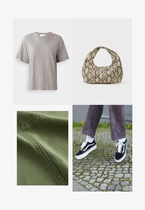 Lysegrå kortærmet t-shirt lavet af blødt stof, med rund halsudskæring og en afslappet pasform uden fremtrædende mønstre eller detaljer.; Next Denimshorts - khaki green; Sorte ruskinds sneakers med hvide accenter, med rund tå, tyk hvid sål og klassisk snørebåndsdesign, båret med hvide sokker og lilla bukser.; Slangeprint håndtaske med et buet håndtag. Lavet af strukturerede, beige og brune materialer, med et karakteristisk diamantmønster.