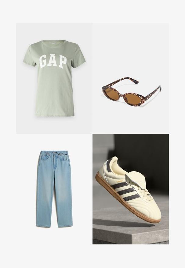 GAP TEE - T-Shirt print - desert sage; Vans CINCHED CHECK 5 - Jeans Straight Leg - light stonewash; Cremfarbene Ledersneaker mit drei dunklen Streifen, einer braunen Gummisohle und einer abgerundeten Zehenpartie. Hat eine faltbare Zunge, die mit "SAMBA" beschriftet ist.; Sonnenbrille aus Schildpatt mit ovalen Gläsern, braun getönt, dünnen Bügeln mit strukturiertem Muster, leichtem Kunststoffrahmen.