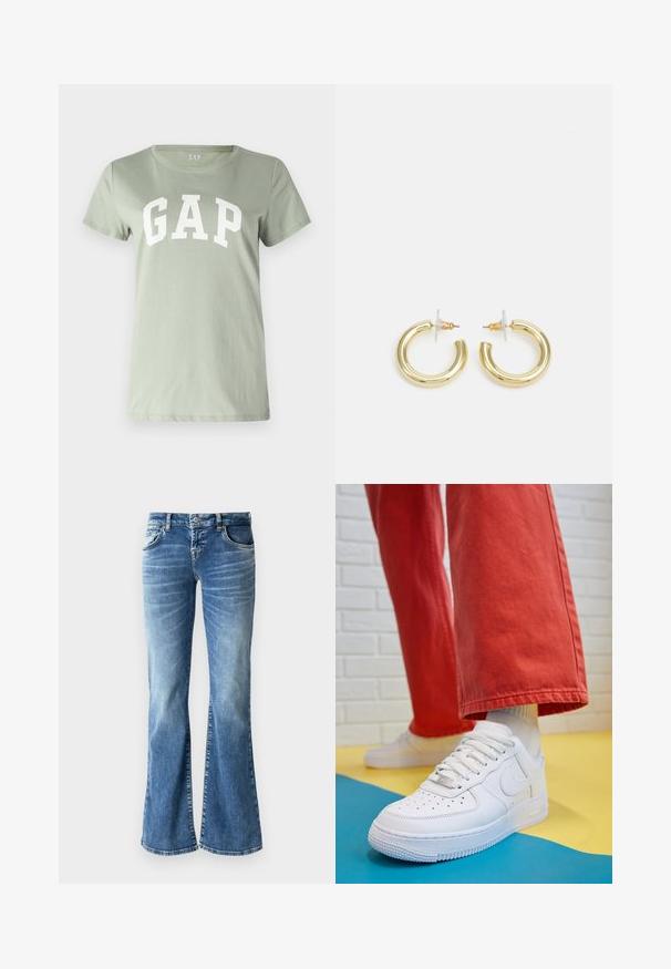GAP TEE - Trükipildiga T-särk - desert sage; Heledad sinine denimist flared teksad, millel on pleekinud pesu, viis taskut, õmblustega detailid ja lukuga ees, millel on nööbiga sulgemine.; Valge nahast tennis, millel on perforeeritud varvas, tekstureeritud tallad ja valged shoelaces, kombineeritud laia punase pükste ja sinise ning kollase taustaga.; Kuldne rõngassõrmused sileda ja läikiva viimistlusega. Ringikujuline disain, millel on väike post ja selge tagumine külg, et tagada kindel kandmine.