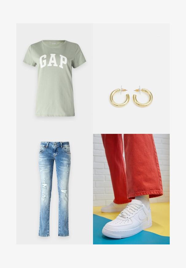 GAP TEE - Camiseta estampada - desert sage; Jeans de mezclilla azul claro con un corte relajado, que presentan detalles desgastados, un cierre de botón con dos botones y piernas rectas.; Zapatilla de cuero blanco con caja de dedos perforada, suela texturizada y cordones blancos, combinada con pantalones rojos amplios y un fondo azul y amarillo.; Aretes de aro de oro con un acabado suave y brillante. Diseño circular que presenta un pequeño post y un respaldo transparente para un uso seguro.