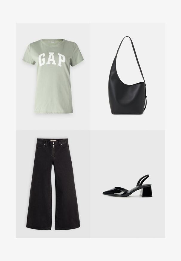 GAP TEE - Marškinėliai su spaudiniu - desert sage; Plačios kojų džinsai iš juodo džinsinio audinio su užtrauktuku priekyje, penkių kišenių dizainu ir subtiliais siuvinėjimo akcentais. Lygus paviršius ir laisvalaikio stilius.; Juodos lakuotos odinės šlepetės su smailiu pirštu ir geometriniu bloko kulnu. Turi elegantišką, minimalistinį dizainą ir lygų paviršių.; Juodas odinis hobo maišas su lygiu paviršiumi, kreipta forma ir viena reguliuojama rankena; turi platų atidarymą viršuje.