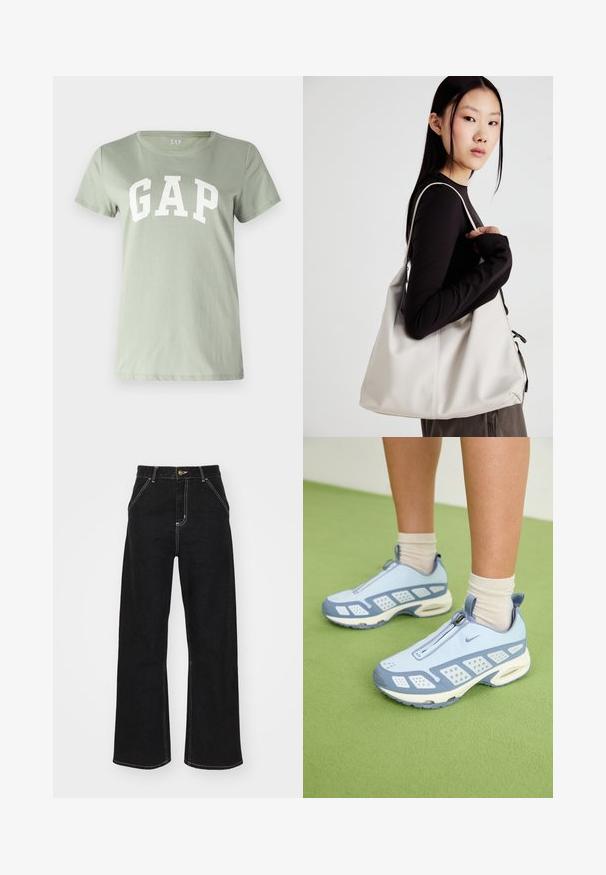 GAP TEE - Nyomott mintás póló - desert sage; Fekete, széles szárú farmernadrág, kontrasztos fehér varrással és elülső gombos záródással, két ferde elülső zsebbel.; Világoskék sportcipők fehér díszítéssel, texturált panelek és cipzáras záródás. Jellemzője a látható légpárnás talp és a gumitalp.; Puha anyagból készült bézs kézitáska, laza dizájnnal, varrott részletekkel és két vállpánttal. Mindennapi használatra alkalmas.