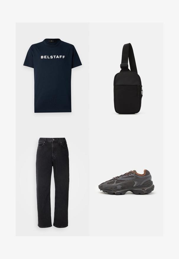 Mörkblå bomulls-t-shirt med korta ärmar, rund hals och vit "BELSTAFF" text tryckt på framsidan. Enfärgad design, mjuk textur.; Svarta jeans i denim med rak passform, fem fickor och kontrasterande sömmar. Har knappstängning och bältesöglor vid midjan.; Lacoste-sneakers i mörkgrått med nät och syntetmaterial, med en strukturerad sula och bruna detaljer på kragen och varumärket.; Svart axelväska gjord av slitstarkt tyg, med en justerbar rem, ett zip-försett huvudfack och en framficka.