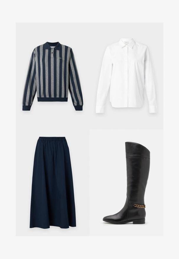 Pikad varrukad polo-särk, millel on tumesinised ja hallid vertikaalsed triibud, krae, nööbiliist ja soonikkoes serv ning mansetid.; Valge puuvillane särk, millel on klassikaline krae, pikad varrukad ja lõdvestatud mugavus. Ei mingeid silmatorkavaid mustreid ega aktsente.; Tumedat sinine, põrandapikkune seelik, mis on valmistatud tekstuurilisest kangast, millel on elastne vöökoht ja kerged püstised triibud.; Kõrged mustad nahast saapad, millel on stiilne disain, terav nina ja kuldne kett aktsent pahkluul. Madal plokk-konts. Sile tekstuur.