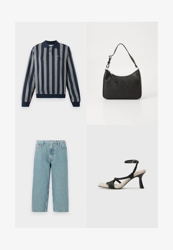 Pikad varrukad polo-särk, millel on tumesinised ja hallid vertikaalsed triibud, krae, nööbiliist ja soonikkoes serv ning mansetid.; Heledad sinine denim lühikesed püksid kõrge talje, sirge lõike ja toore äärega. Omad klassikalise nööbi ja lukuga kinnituse, neli taskut.; Mustad musta kontsaga sandaal, millel on punutud rihma disain, ruudukujuline varvas ja reguleeritav pahkluu rihm. Heleda beeži värvi jalapadi ja läikiv must konts.; Must musta käekott, millel on kumer kuju, üks rihm, lukuga sulgemine ja peen brändimine esiküljel. Sile tekstuur, minimalistlik disain.