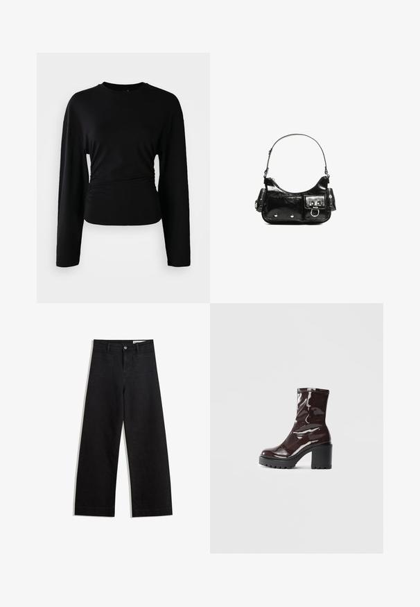 Czarny longsleeve wykonany z miękkiego materiału. Posiada okrągły dekolt i marszczone detale w talii. Gładka tekstura, dopasowany fason.; Czarne dżinsowe spodnie o szerokich nogawkach i wysokim stanie, z przednimi i tylnymi kieszeniami, przeszyciami oraz zapięciem na guziki. Gładka struktura.; Błyszczące bordowe botki za kostkę z masywną czarną obcasem, charakteryzujące się gładką teksturą i prostym wzornictwem. Brak widocznych zapięć lub wzorów.; Czarna torebka z lakierowanej skóry o zaokrąglonym kształcie, z jednym paskiem na ramię, przednimi kieszeniami i akcentami w kolorze srebrnym.