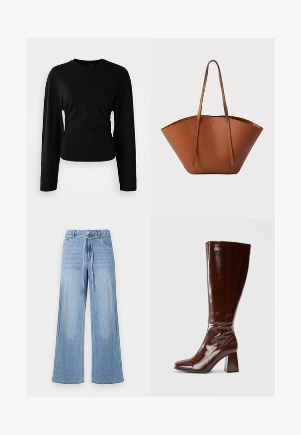 Must musta varrukatega topp, mis on valmistatud pehmest kangast. Omab ümarat kaelust ning kokku pandud detaile talje juures. Sile tekstuur, vormiv disain.; Heledast sinised laiade säärtega teksapüksid, millel on seotud vöökoht, esitaskud ja klassikaline viie taskuga disain koos õrna pleekimisega.; Knee-high pruunid sädelevad nahast saapad ruudukujulise varbaga, läikiva viimistluse ja stabiilse Chunky kontsaga. Üksik disain, ilma nähtava riistvarata.; Pruunist nahast kott, millel on lai ja struktureeritud kuju, õhukesed sangad ja tekstureeritud viimistlus. Omab minimalistlikku disaini, kus ei ole nähtavat riistvara.