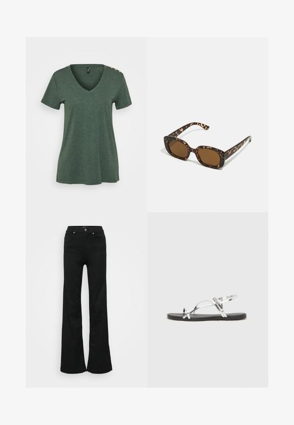 Zelené tričko s krátkým rukávem a výstřihem do V, s jemnou struktuře v tečkách a třemi dekoračními knoflíky na levém rameni.; Černé zvonové džíny vyrobené z denimu, s vysokým pasem, pěti kapsami a kovovým zapínáním. Hladká textura s minimálním zdobením.; Stříbrné metalické sandály s minimalistickým designem, vybavené tenkými popruhy a černou plochou podrážkou. Mezi hlavní rysy patří akcenty v podobě křížových popruhů.; Sluneční brýle ve skořápce želvy s kulatým, širokým rámem a hnědými čočkami. Mají jemné vzory a rovné, zúžené stranice.; Zign Náramek - silver-coloured