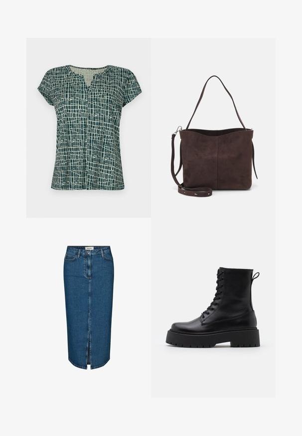 Sötétzöld, rövidujjú felső absztrakt, világos színű rács mintákkal, V-nyakkivágással és laza szabással. Puha anyagú textúra.; Sötétkék farmer ceruzaszoknya, elülső hasítékkal, öt zsebbel és kontrasztos varrással. Közepes derékmagasság, klasszikus dizájn.; Fekete bőr bokacsizma, kerek orral, fűzős elülső résszel és vastag, texturált gumitalppal. Húzófül hátul.; Barna velúrbőr táska puha tapintással, egyetlen vállpánttal és finoman ívelt felső nyitással. Nincs látható fémrész.