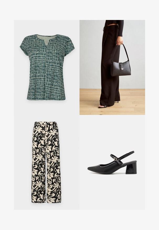 Tīsu ar īsām piedurknēm tumši zaļā krāsā ar abstraktu gaišas krāsas režģa rakstu, ar V veida kakla izgriezumu un brīvu piegriezumu. Mīksta auduma tekstūra.; Melni platie bikses ar krēmkrāsas ziedu rakstu. Izgatavotas no viegla auduma, kuram ir gluda tekstūra un augsta jostasvietas daļa.; Melns patentēts ādas sandales ar norādīta pirksta formu, noapaļotu izgriezuma dizainu un bloķētu papēdi. Iezīmēta ar zelta toņa sprādzi.; Melnā somiņa ar strukturētu formu, gludu tekstūru un metālu sprādzi. Saskaņota ar platām melnām biksēm un sandālēm ar atvērtu purngalu uz koka grīdas.