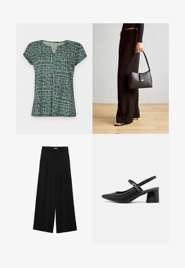 Short-sleeve top in dark green with an abstract light-colored grid pattern, featuring a V-neck and a relaxed cut. Soft fabric texture.; Black wide-leg pants featuring a textured fabric, an elastic waistband, and a detachable sash tie at the waist for adjustable fit.; Black patent leather slingback heels with a pointed toe, a rounded cutout design, and a block heel. Features a gold-tone buckle accent.; Black handbag with structured shape, smooth texture, and a metallic clasp. Paired with wide black pants and open-toe sandals on wooden floor.
