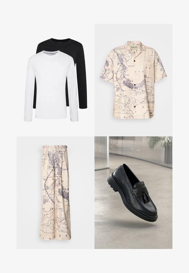 Twee longsleeves, één zwart en één wit, gemaakt van katoen met ronde hals en een gladde textuur, gepresenteerd in een gestapelde opstelling.; Korte mouwenshirt van lichtbeige stof met een kaartprint in marineblauw, voorzien van een klassieke kraag en een borstzak.; Wijdbeenbroeken met een kaartprint in marineblauw op een beige achtergrond, met geplooide details bij de taille en een relaxte fit.; Zwarte leren loafers met een gladde afwerking, decoratieve kwast, dikke rubberen zool en gestikte accenten. Lichtgewicht en strak ontwerp.