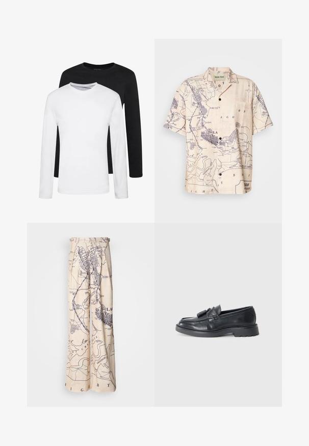 Two long-sleeve shirts, one black and one white, made of cotton with crew necks and a smooth texture, displayed in a stacked arrangement.; Short-sleeve shirt in light beige fabric with a map print in navy blue, featuring a classic collar and front pocket.; Wide-legged pants featuring a map print in navy on a beige background, with pleated detailing at the waist and a relaxed fit.; Black leather loafers featuring a rounded toe, a strap with tassels, and a chunky sole with a tread pattern. Smooth texture and classic design.