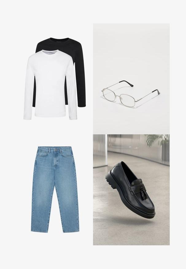 Dve majice z dolgimi rokavi, ena črna in ena bela, narejene iz bombaža z okroglim izrezom in gladko teksturo, prikazane v zloženem položaju.; Svetlo modre kavbojke iz jeansa z ravnim krojem nogavic, obliko s petimi žepi in rahlo zbledelo teksturo. Imajo zapenjanje na gumb in zadrgo.; Črni usnjeni mokasini z gladkim zaključkom, dekorativnimi cofki, debelim gumijastim podplatom in všitimi poudarki. Lahka in elegantna zasnova.; Kovinske očala z ovalnim okvirjem, srebrnimi obroči in prozornimi lečami. Tanke, ravne ročke z črnimi konicami, minimalističen dizajn.