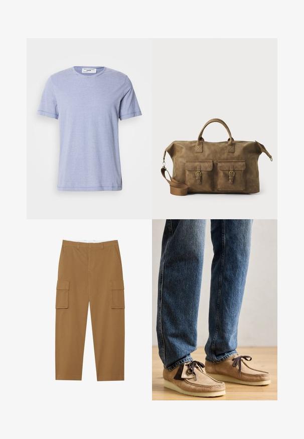 Šviesiai mėlyna marškinėliai su tamsiai mėlynomis horizontaliomis juostelėmis, pagaminti iš medvilnės, apvaliu iškirpimu, trumpomis rankovėmis ir siūta apdaila. Etiketėje rašoma "Marc O'Polo Denim."; Rudos cargo kelnės su dviem šoninėmis kišenėmis, lygia priekiu ir tiesiomis kojomis. Pagamintos iš tvirto, lygaus tekstūros audinio.; Karamelinių zomšinių mokasinų su tamsiai ruda akcentu, apvaliu priekiu ir prabangiu baltu padu. Yra raištelių dizainas ir siuvinėjimo detalės.; Rudos odos kelioninis krepšys su dviem priekinių kišenių, reguliuojama petneša, auksinėmis detalėmis ir tvirtais viršiniais rankenomis. Lygus paviršius.