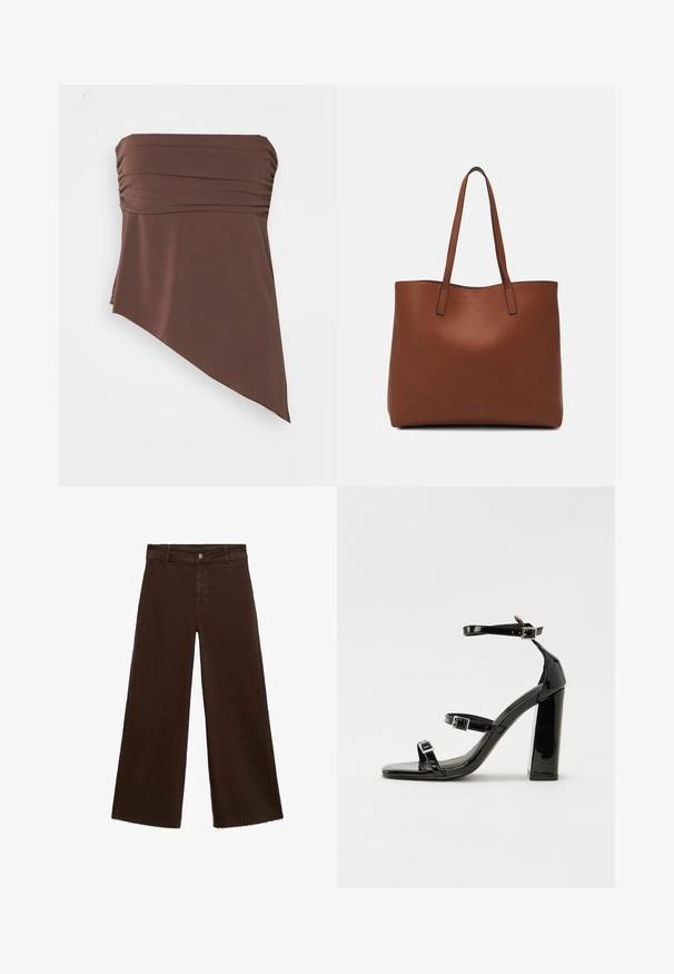 BDG Urban Outfitters BANDEAU - Top - chocolate; Hnědé kalhoty širokého střihu z bavlněné směsi, s třepicí na lemu, předním zapínáním na knoflík a klasickým designem pěti kapes. Minimalistické a univerzální.; Černé lakované sandály na podpatku se čtveratou špičkou, lýtkovými pásky a stříbrnými přezkami. Disponují masivním blokovým podpatkem pro stabilitu.; Hnědá kožená taška přes rameno s hladkou texturou, otevřeným designem a dvěma ramenními popruhy. Obsahuje minimální švy a žádné viditelné kovové prvky.