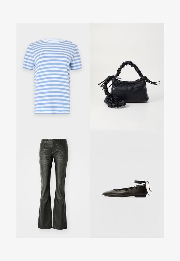 Raidallinen t-paita, jossa vaaleansinisiä ja valkoisia vaakaraitoja, pyöreä pääntie, lyhyet hihat ja pehmeä puuvillamateriaali.; Mustat tekonahkaiset levenevät farkut etutaskuilla, metallinappikiinnityksellä ja hieman teksturoituneella pinnalla. Suora lahje pitkällä leikkauksella.; Musta nahka ballet-flatit, joissa on terävä kärki, nilkkaremmiliitos ja litteä pohja, varustettuna sileällä pinnalla ja minimalistisella muotoilulla.; Must-have mustekahvi nahkalaukku krokotiiliaistalla, kiristetty yläosa ja rypistetty hihna. Näyttää pehmeältä ja kompaktilta muotoilultaan.