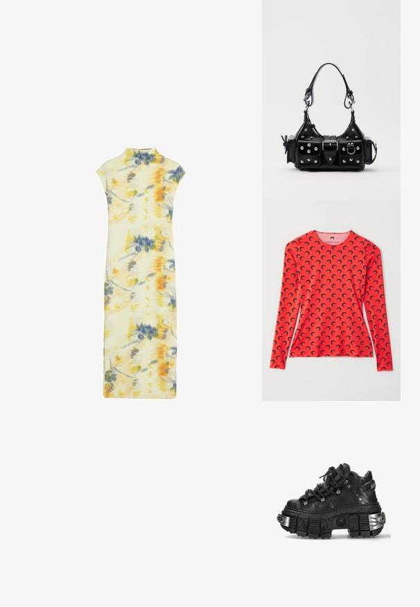 MARINE SERRE MOON CREWNECK - Langarmshirt - red; Blumenmuster-Kleid aus weichem Stoff; mit gemischten Gelb-, Blau- und Grautönen; kurze Ärmel, hoher Ausschnitt und taillierte Silhouette.; Schwarze Ledersneaker mit dickem Gummi-Sohle und metallischen Akzenten. Verfügt über runde Schnürsenkel und einen verstärkten Zehenbereich, der durch silberne Hardware gekennzeichnet ist.; Schwarze Lederhandtasche mit einem geschwungenen Design, verziert mit silbernen Nieten, einer Schnalle und zwei seitlichen Taschen. Verstellbarer Träger für verschiedene Tragemöglichkeiten.