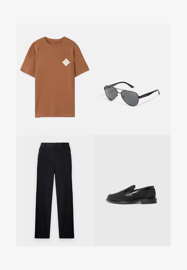 Brown cotton t-shirt with short sleeves, a round neckline, and a white diamond logo patch on the left chest.; Black trousers featuring a lightweight, textured fabric, straight-leg design, elastic waistband, and side zip pockets.; Black woven slip-on shoe with a smooth leather accent on the upper, a round toe design, and a low-profile rubber sole.; Black aviator sunglasses with dark lenses, thin metal frame, and slender plastic arms featuring logo accents.