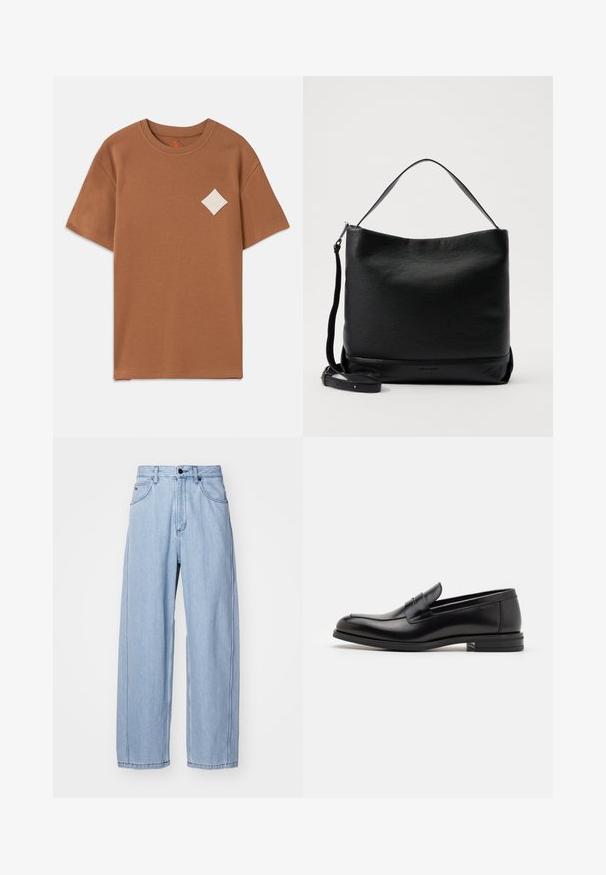 Maglietta in cotone marrone a maniche corte, con scollatura rotonda e un patch con logo a diamante bianco sul lato sinistro del petto.; Jeans in denim azzurro chiaro con un design a gamba ampia, caratterizzati da tasche anteriori, chiusura con bottone e cuciture dettagliate lungo le cuciture.; Mocassini neri in pelle con una texture liscia, punta arrotondata e una striscia decorativa sulla tomaia. Tacco basso impilato, design minimalista.; Borsa a spalla in pelle nera con una finitura testurizzata, una parte superiore curva e una tracolla removibile. Presenta un design semplice con hardware minimale.