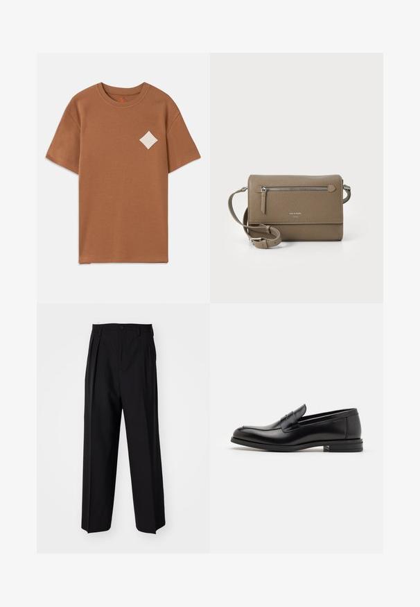 Tricou din bumbac maro cu mâneci scurte, guler rotund și o etichetă cu logo în formă de diamant alb pe pieptul stâng.; Pantaloni negri plisat cu un design drept și pantaloni largi. Construiți dintr-un material neted, prevăzuți cu închidere cu nasture și bucle pentru curea.; Mocasini din piele neagră cu o textură netedă, vârf rotund și o curea decorativă peste partea superioară. Toc mic, design minimalist.; Geantă de umăr din piele taupe, cu un buzunar frontal cu fermoar, curea ajustabilă, textură de piatră și logo embosat pe față.