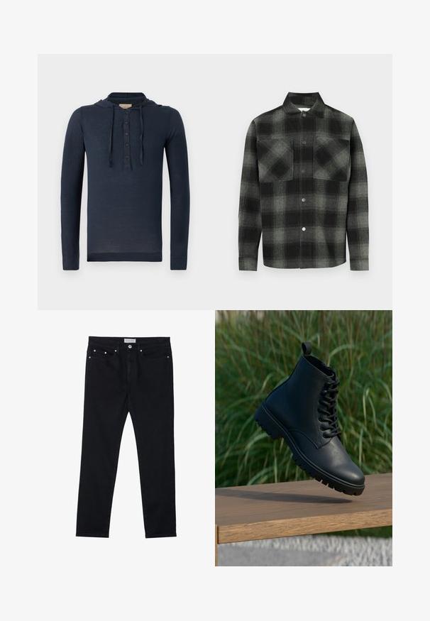 Tumši zils garām piedurknēm kapuce krekliņš ar pogu aizdari un auklu, viegla un nedaudz caurspīdīga auduma.; Pledraksts krekls melnu un pelēku toņu nokrāsās ar pogām priekšpusē, divām krūšu kabatām un apkakli. Izgatavots no teksturēta auduma.; Melni denim džinsi ar taisnām kājām, pieci kabatas, metāla kniedes un pogu aizdare. Mīksta tekstūra ar nelielu stiepšanos.; Melnas potītes zābaki, izgatavoti no gludas ādas. Iespējo laces dizains, apaļa purngala forma un izturīga zole ar izteiktiem rakstiem. Mazs cilpiņa uz papēža.