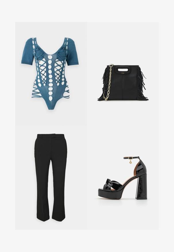 Mėlynas megztas bodysuitas su trumpomis rankovėmis, su išpjovomis, nėriniais ir apvaliais raštais priekyje. Tekstūruota medžiaga.; Juodos pritaikytos kelnės su tiesiomis kojomis, su diržo kilpos ir šoninėmis kišenėmis. Pagamintos iš lygios medžiagos su švariu apdailu.; Maje Aukštakulniai sandalai - noir; Juodas odinis rankų darbo rankinys su frinzuotomis detalėmis, auksine grandinės petneša ir išpjauto dizaino rankena. Pirmoje pusėje yra logotipo vieta.