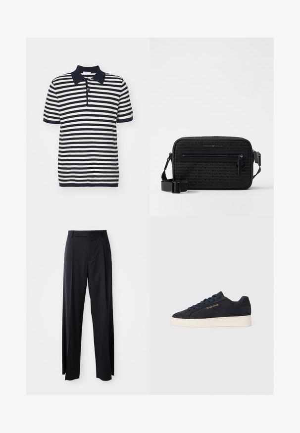 Kortärmad polo i marinblå och vit randig mönster, med en enfärgad marinblå krage och treknappslåst, tillverkad av mjukt texturerat tyg.; Svarta, högmidjade byxor med vida ben, gjorda av mjukt tyg. Har framtill veck och bälteshällor. Minimalistisk design, ingen synlig hårdvara.; Mörkblå mocka låga sneakers med vit sula, mörkblå snören och "Filling Pieces"-logotyp i guld på sidan.; Svart axelväska i texturerad tyg med en dragkedjeförsedd framlodge, justerbar rem och präglade logoprydnader.
