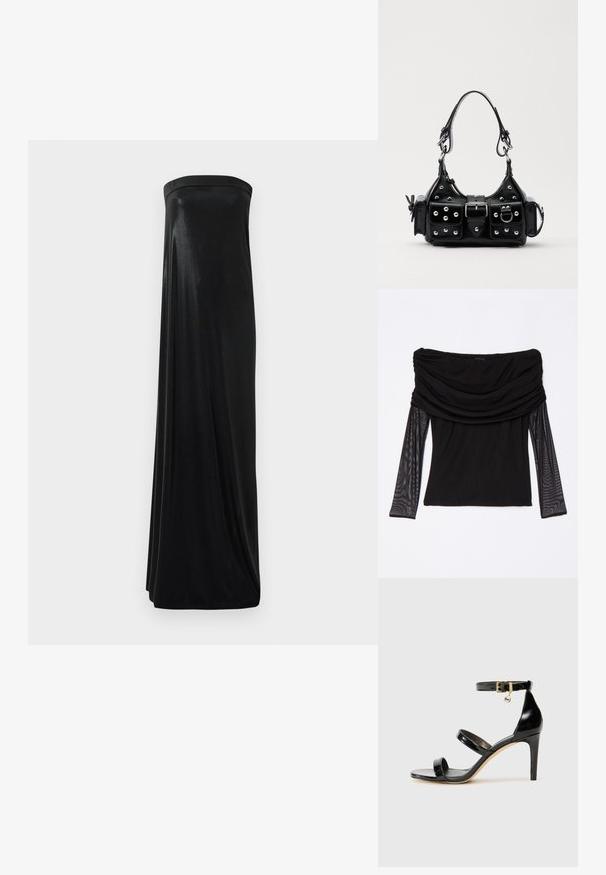 The Kooples Long sleeved top - black; Black strapless maxi dress made of smooth, shiny fabric. Features a fitted bodice and flowing silhouette, reaching the floor without embellishments.; Black patent leather sandal with three straps, ankle buckle, and 4-inch stiletto heel. Features gold hardware detail and logo charm.; Black leather handbag with a curved design, featuring silver studs, a buckle, and two side pockets. Adjustable strap for carrying options.