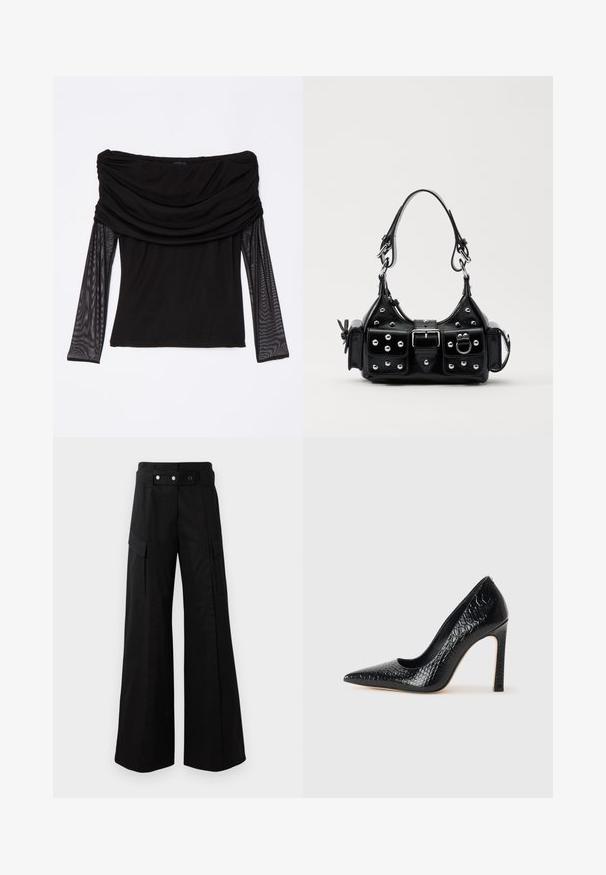 The Kooples Top s dlouhým rukávem - black; Černé kalhoty s širokými nohavicemi a vysokým pasem, které mají velké boční kapsy, dva přední knoflíky a detail v podobě poutka. Vyrobeno z pevné látky.; Černý lodičkový bot s špičatou špičkou, pokrytý texturou krokodýlí kůže, s elegantním designem, vysokým stiletto podpatkem a hladkým černým interiérem.; Černá kožená kabelka s křivkovým designem, zdobená stříbrnými hřebíky, s přezkou a dvěma bočními kapsami. Nastavitelný popruh pro různé možnosti nošení.