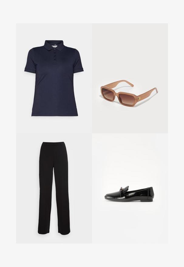 Navy blue polo shirt made of smooth fabric, featuring a collar, short sleeves, and a five-button placket. Includes logo accent.; Black trousers with a straight-leg design, smooth texture, and a fitted waistband. Features front pockets and minimal stitching detail.; Black patent leather loafer with a flat sole, rounded toe, and a decorative strap featuring a gold-tone accent. Smooth, shiny finish.; Brown rectangular sunglasses with gradient lenses, thick frames, and a logo detail on the side. Smooth plastic material, minimal design.
