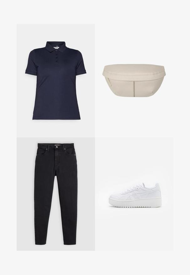 Námořnická modrá polo triko vyrobené z hladké tkaniny, s límečkem, krátkými rukávy a pěticípým zapínáním. Obsahuje akcent loga.; Černé slim-fit džíny s knoflíkovým a zipovým zapínáním, pěticípým designem a poutky na opasek na světle šedém pozadí.; Bílé platformové tenisky s hladkým koženým povrchem, perforovanými detaily a plochými tkaničkami; mají silnou bílou gumovou podrážku.; Beige textilní taštička s kulatým tvarem, která má plochý vršek a jemné švy. Obsahuje minimalistické logo a boční popruh.