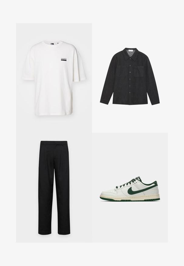Bela bombažna majica s sproščenim krojem, okroglo ovratnikom in kratkimi rokavi. Ima majhno črno oznako na levem prsnem delu.; Temno siva srajca iz teksturirane tkanine, z usklikanim ovratnikom, gumbom na sprednji strani in dvema žepoma na prsih. Dolgi rokavi z gumbi na manšetah.; Črne hlače iz gladkega materiala, s krojem ravne noge, dvema sprednjima pregiboma in standardnim pasom z zankami za pas.; Beli nizki športni copat z temno zelenim Nike žigom, vezalnimi trakovi in akcenti na podplatu, prikazan v profilu na praznem belem ozadju.