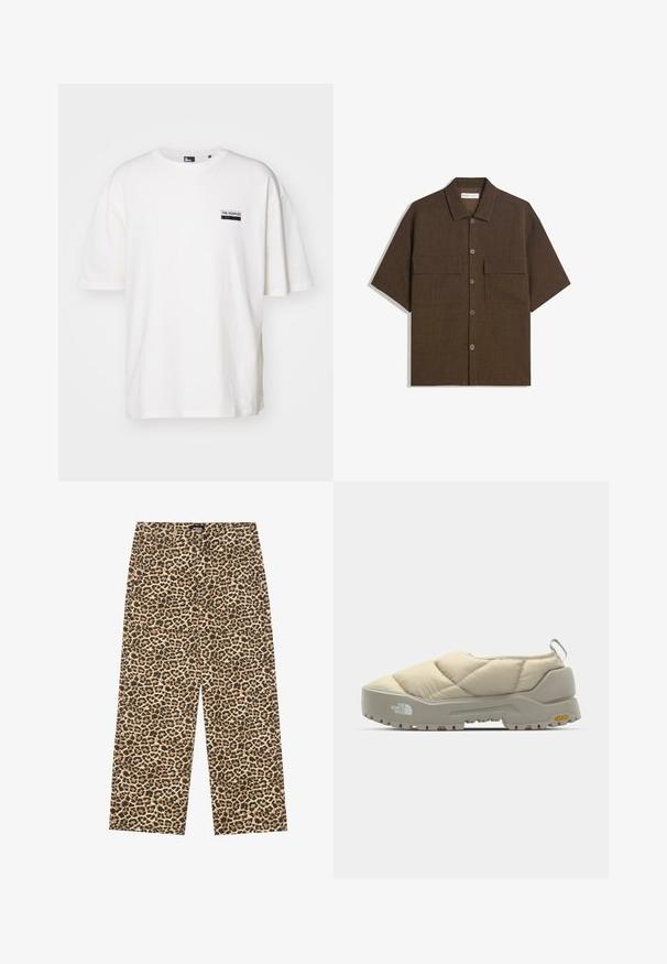 Valkoinen puuvillapaita, jossa on rento istuvuus, pyöreä pääntie ja lyhyt hiha. Vasemmassa rinnassa on pieni musta etiketti.; Lyhytnuoriset, tummanruskeat paidat on valmistettu teksturoidusta kankaasta. Siinä on nappisuljenta edessä ja kaksi rintataskua. Rentoa muotoilua ja väljä istuvuus.; YOURTURN UNISEX - Relaxed fit -farkut - beige/black; Beige lämmikjede kingad halli Vibram tallaga, ümar kujuga ja tagumise silmaga. Omavad logo külgedel ja tekstuurset pealispinda.