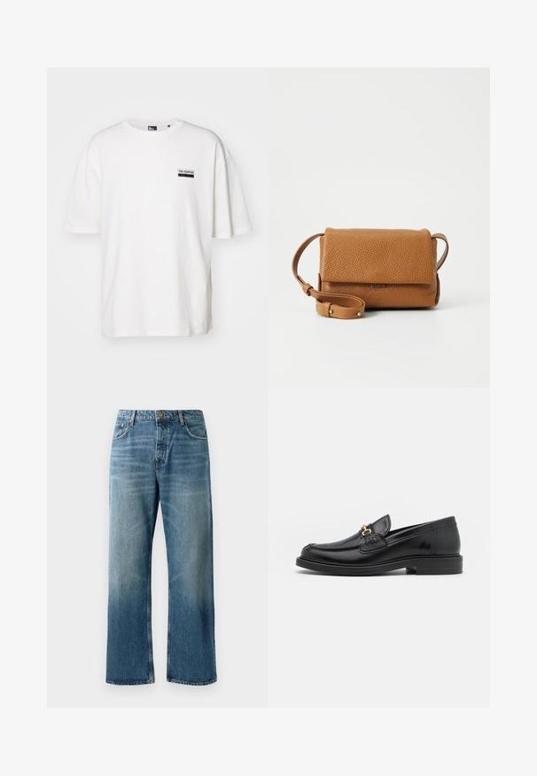White cotton t-shirt with a relaxed fit, round neckline, and short sleeves. Features a small black label on the left chest.; Light blue wide-leg jeans with a faded wash, featuring single-button closure, five pockets, and contrasting stitching.; Black leather loafers with a rounded toe, featuring gold hardware accent and stitching detail, set on a low, textured rubber sole.; Brown leather handbag with a textured finish, rectangular shape, fold-over flap, adjustable strap, and metallic clasp detail.