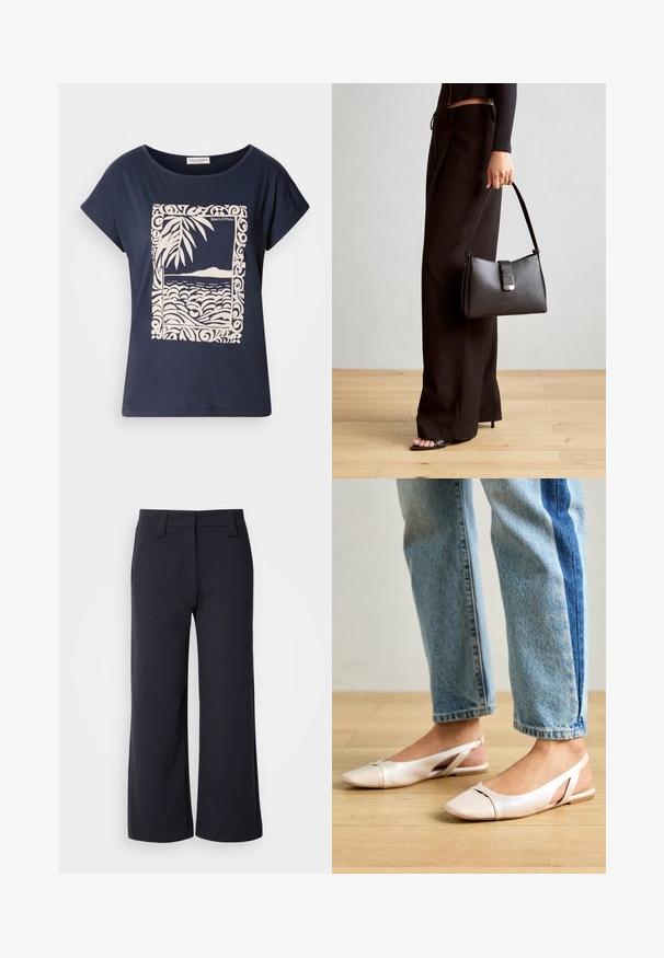Camiseta de algodón azul marino con un gráfico color crema de olas y hojas de palmera dentro de un borde decorativo. Textura suave, mangas cortas.; Pantalones de pierna ancha en tejido azul marino oscuro. Presentan un frente liso, lazos para cinturón y bolsillos laterales. El material es suave y con un ligero estiramiento.; Bailarinas de color rosa pálido con tiras traseras y punta puntiaguda, fabricadas con un material similar al cuero suave. Presentan detalles recortados en los laterales y un tacón plano.; Bolso negro con forma estructurada, textura suave y un cierre metálico. Combinado con pantalones anchos negros y sandalias de dedo en un suelo de madera.