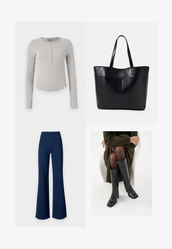 Grå langermet skjorte laget av ribbestrikket stoff, med rund halslinning og fire metallknapper foran. Kuttet hem.; Mørkeblå svingbukser laget av denim med elastisk midje. Har en glatt tekstur og bred ben-design som strekker seg til kanten.; Knæhøye sorte lærstøvler med firkantet tå og blokkhelt, vist med en modell som sitter iført en olivengrønn kåpe. Glatt tekstur, minimal detaljering.; Svart lær toteveske med to lange håndtak, en glatt tekstur og en strukturert form. Har en frontlomme for ekstra oppbevaring.
