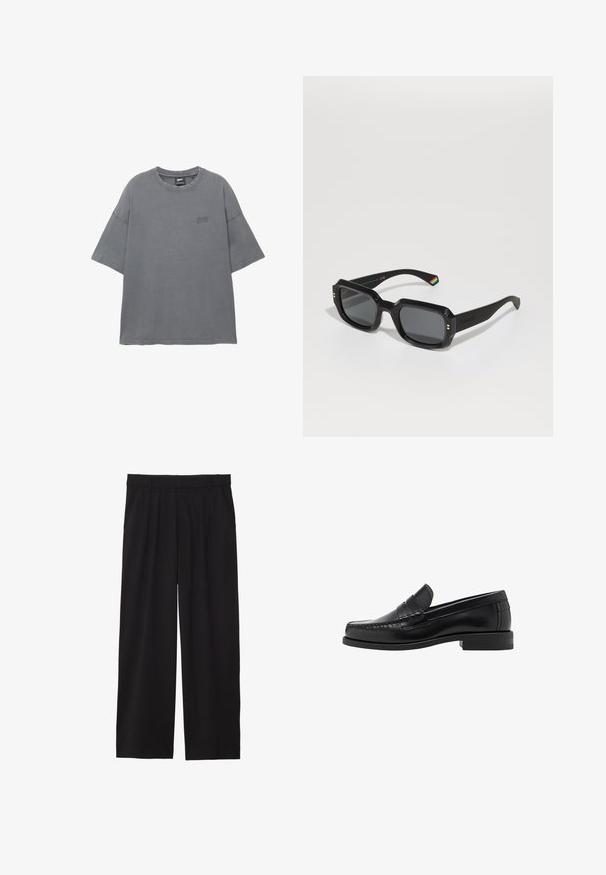 T-shirt grigio a maniche corte con scollo rotondo, realizzato in cotone, dotato di un logo ricamato sottile sul petto. Texture morbida.; Pantaloni neri a gamba larga con frontale plissettato, tasche laterali e una texture di tessuto liscia. Progettati per un fit comodo.; Mocassini in pelle nera con una finitura liscia, dettagli cuciti sulla punta e un design a tacco basso per comfort e stile.; Occhiali da sole rettangolari neri con lenti scure, montatura spessa, dettagli dorati e una striscia arcobaleno sul braccio.