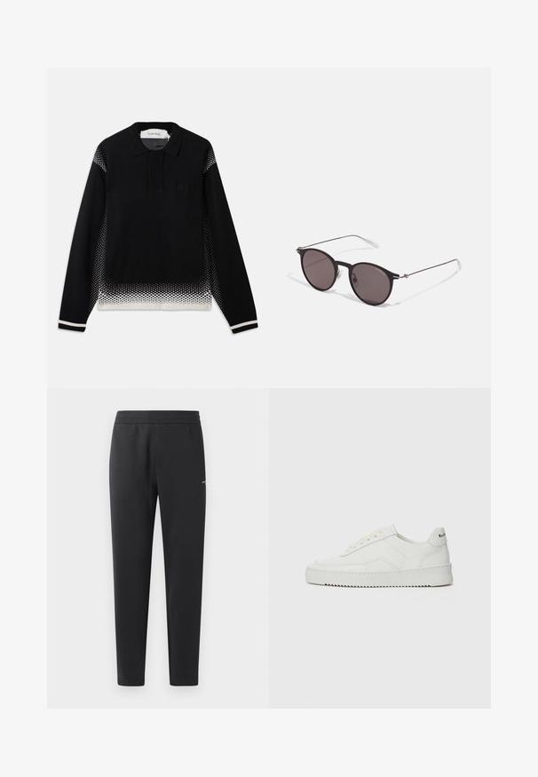 Juodas ilgomis rankovėmis polo megztinis su baltu taškiniu gradientu šonuose, apatiniame krašte ir rankogaliuose, su mažuoju krūtinės logotipu.; Juodos sportinės kelnės, pagamintos iš minkštos medžiagos, su elastinga juosmeniu, tiesiomis kojomis ir nedideliu logotipo akcentu šone.; Balti odiniai sportiniai bateliai su lygia apdaila, apvaliu pirštu, plokščiais raišteliais ir tekstūruotu padu. Pasižymi subtiliu logotipu ant kulno.; Juodos apvalios saulės akinių su tamsiais lęšiais ir plonomis metalinėmis šakomis. Įtraukti skaidrūs šventyklų galai ir sidabriniai akcentai vyrio srityje. Minimalistinis dizainas.