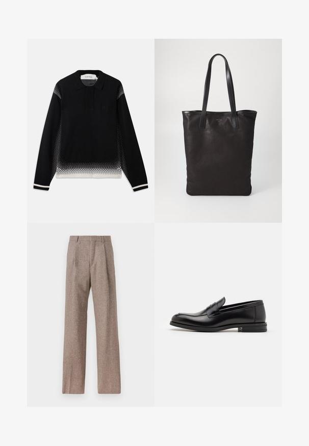 Čierny polo sveter s dlhým rukávom, na bokoch, spodnom leme a manžetách s bielym bodkovaným prechodom, so malým logom na hrudi.; Hnedé, vysoké nohavice vyrobené z texturovanej látky. Majú široké nohavice a dva predné záhyby pre štruktúru. Úhľadné spracovanie bez viditeľného kovania.; Čierne kožené mokasíny s hladkou textúrou, zaoblenou špičkou a dekoračným pásikom cez priehlavok. Nízky vrstvený opätok, minimalistický dizajn.; Čierna plátená taška s čiernymi koženými ušami. Jednoduchý dizajn, priestranné telo a hladká textúra. Žiadne viditeľné logo ani vzory.