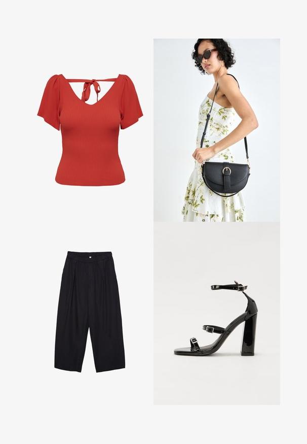 Punainen ribbitekstuuri yläosa, jossa on V-muotoinen kaula-aukko ja lyhyet puffihihat. Takana solmimislukitus ja vartalonmyötäinen siluetti. Silkkinen rakenne.; Musta polyesterinen culotte-housut, jossa on joustava vyötärö, kaksi etupleettiä ja löysä siluetti. Ei näkyviä kuvioita tai metallisia yksityiskohtia.; Musta kiiltävä korkokenkä sandaalit neliönmuotoisella varpaalla, nilkkaremmillä ja hopeisilla soljilla. Varustettu tukevalla lohkokorkealla vakauden takaamiseksi.; Musta nahkainen käsilaukku, joka on kaareva muotoilultaan, irrotettavalla hihnalla ja kultaisilla yksityiskohdilla. Laukussa on läppä, jossa on solk yksityiskohta.