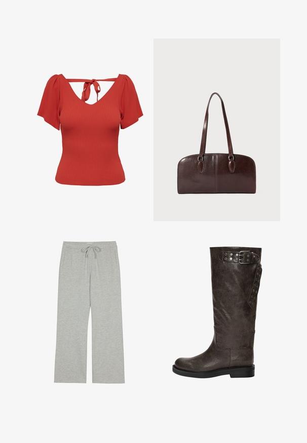 Czerwona bluzka z prążkowanej tkaniny, z dekoltem w kształcie litery V i krótkimi bufkami. Posiada zapięcie na wiązanie z tyłu oraz dopasowany krój. Gładka faktura.; Jasnoszare dresy wykonane z miękkiego, strukturalnego materiału, z elastycznym paskiem na sznurek i bocznymi kieszeniami; szeroki, luźny krój.; Brązowy skórzany botek do kolan o teksturowanym wykończeniu, z klamrą i zapięciem na napy po boku oraz płaską gumową podeszwą.; Brązowa skórzana torebka z dwoma długimi uchwytami, o strukturalnym prostokątnym kształcie, gładkiej fakturze i zaokrąglonych krawędziach. Posiada akcentowane detale przy uchwytach.