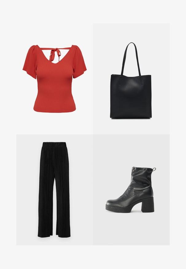 Top rojo acanalado con escote en V y mangas cortas abullonadas. Presenta un cierre con lazo en la parte posterior y una silueta ajustada. Textura suave.; Pantalones negros de pliegues con una cintura elástica. Presentan piernas anchas y una tela suave y texturada con rayas verticales.; Botines negros de tobillo, hechos de cuero suave, con cierre lateral, tacón grueso texturizado y diseño de punta redondeada.; Bolso tote de cuero negro con textura lisa, forma rectangular y dos asas largas. Sin herrajes ni adornos visibles.
