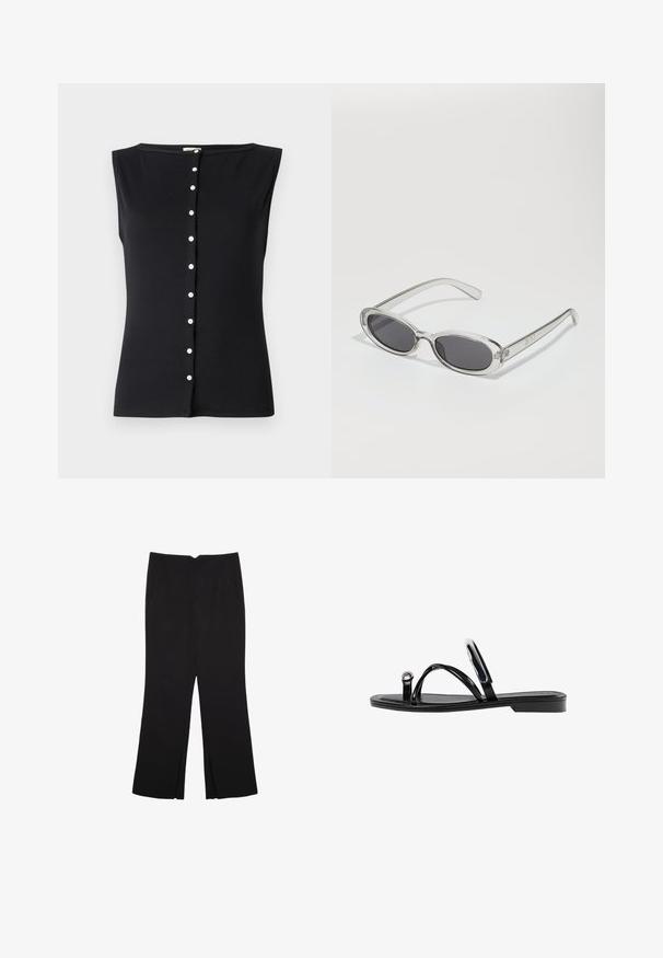Črna brezrokavna majica iz rebraste tkanine, ki ima okroglo ovratnico in spredaj zapenjanje na gumbe z belimi gumbi po sredini.; Črne hlače ravnega kroja z naglavnimi žepi in stranskimi razporki na robu. Narejene iz mehke, gladke tkanine. Primerne za različne priložnosti.; Črne ravne sandale s sijajno končno obdelavo, tremi tankimi trakovi in okroglo kovinsko podrobnostjo na prstih. Elegantna zasnova z minimalnim peto.; Sončna očala ovalne oblike, prozoren plastičen okvir, temno sivi leči in tanke prozorne roke z logotipnimi akcenti in minimalnimi detajli.
