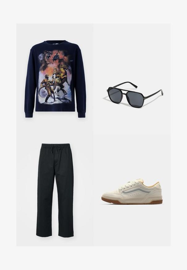 Tumesinine pikkade varrukatega T-särk, millel on vintage Star Warsi graafiline illustreerimine, kus on kujutatud tegelasi ja olendit lumisel maastikul.; Converse STRAIGHT LEG PANTS - Püksid - black; Kreemit valgudega nahast tennisetossud, hallid aktsendid ja pruun kummist tald. Omab ümarat varbaosa, tekstuurset disaini ja lamedaid paelu.; Mustad mustad prillid oktaalpäistega, tumedad läätsed, läikiv viimistlus, õhukesed templid ja kuldsed aktsendid ees.