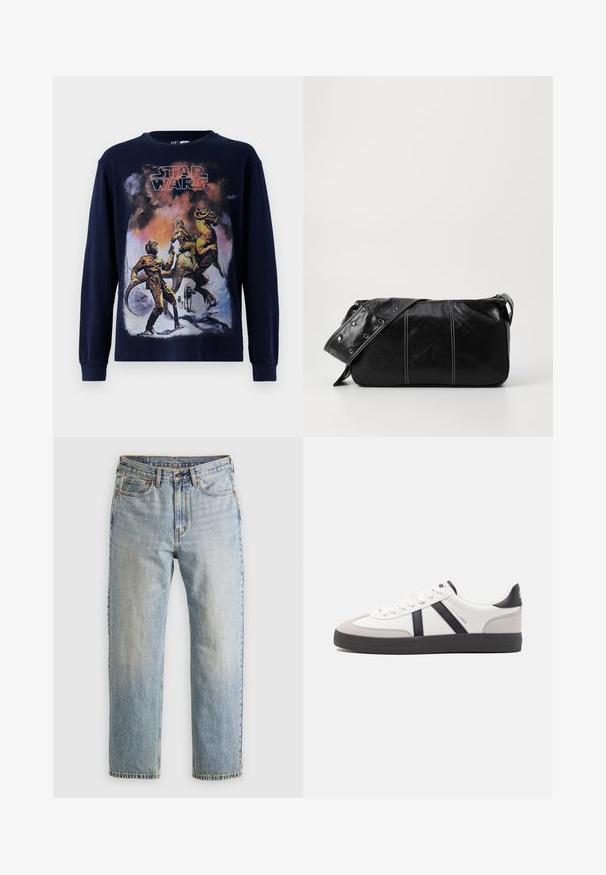 Tumesinine pikkade varrukatega T-särk, millel on vintage Star Warsi graafiline illustreerimine, kus on kujutatud tegelasi ja olendit lumisel maastikul.; Heledad hele sinine teksapükste kõrge vöökoht, ees nupuga, lukuga ja viie taskuga disain, asetatud tasasele neutraalsele taustale.; Valged tossud mustade ja hallide aktsentidega, tekstureeritud halli varbakattega, musta kummitald ja lamedad valged paelad. Puhtad jooned, minimalistlik stiil.; Must mustra nahkainine õlakott, millel on tõmblukk, tekstureeritud pind, valged õmblused ja rihm hõbedaste rõngastega.