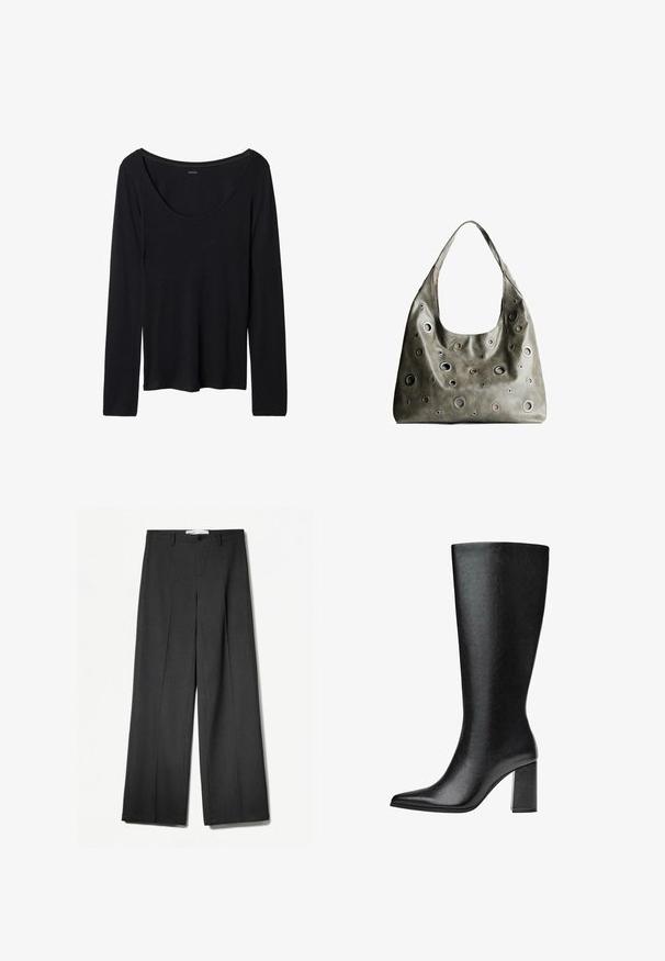 Black long-sleeve top with a wide scoop neckline, made of soft, stretchy fabric. Features a smooth texture and simple design with no patterns.; Gray wide-leg trousers with a tailored design, featuring a zip fly, button closure, and subtle texture. No visible patterns or accents.; Black knee-high boot made of faux leather with a pointed toe, smooth texture, and a chunky block heel. Minimalist design with no visible accents.; Olive green leather handbag with a slouchy design, featuring various sized circular cutouts and accents in darker and lighter shades.