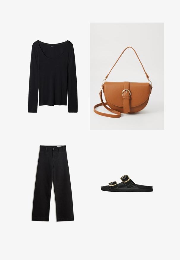 Schwarzes langärmeliges Oberteil mit weitem Rundhalsausschnitt, aus weichem, elastischem Stoff gefertigt. Verfügt über eine glatte Textur und ein einfaches Design ohne Muster.; Schwarze weit geschnittene Jeans mit hoher Taille, ausgestattet mit Vorder- und Hintertaschen, gesteppten Nähten und einem Knopfverschluss. Glatte Textur.; Schwarze Riemensandale mit zwei goldenen Schnallendetails, glattem Material, flachem Sohlen und minimalistischer Gestaltung.; Braune Leder-Crossbody-Tasche mit geschwungener Form, goldfarbenen Beschlägen und einer Schnallenakzentuierung. Verfügt über einen abnehmbaren Schultergurt.